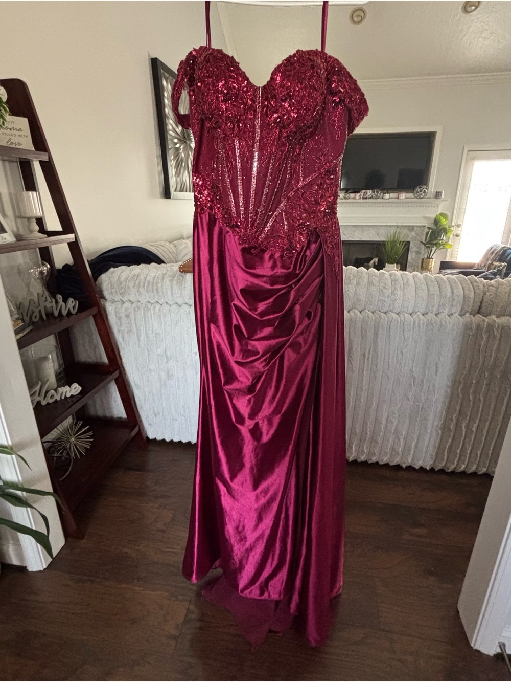 Burgundy Sequin Satin Prom Gown with Structured Corset